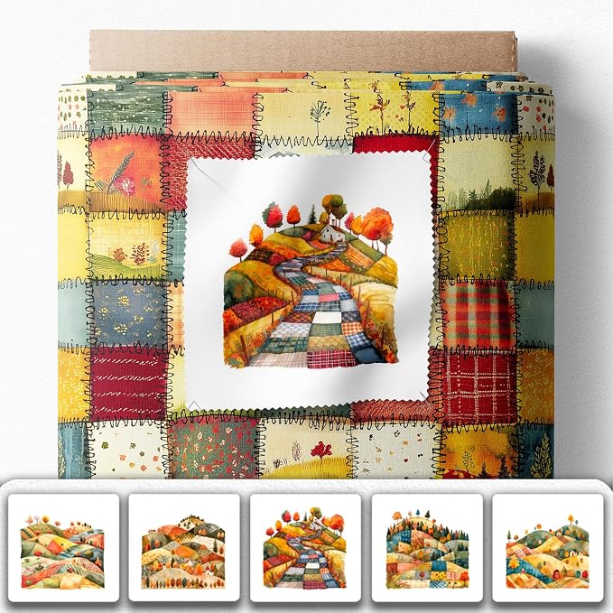 Patchwork Autumn Landscape Cotton Fabric Panel – 6 Designs (10×10 inch Each) + Bonus Sheet 29.5×19.6 inch, 100% Cotton 140 GSM, Made in Türkiye