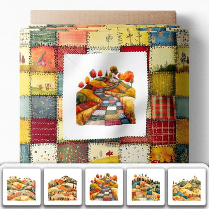 Patchwork Autumn Landscape Cotton Fabric Panel – 6 Designs (10×10 inch Each) + Bonus Sheet 29.5×19.6 inch, 100% Cotton 140 GSM, Made in Türkiye