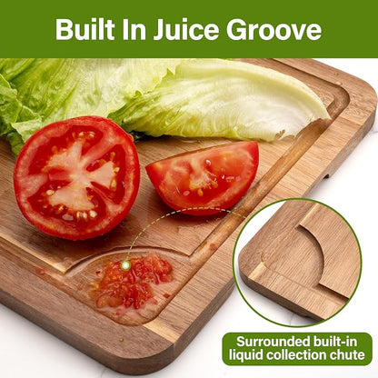 WILLKOMMEN Acacia Wood Cutting Board Set for Kitchen, 3-Piece Chopping Boards with Stand & Juice Groove & Handles, Heavy Duty Wooden Butcher Block for Meat, Vegetables (Small, Medium, Large)