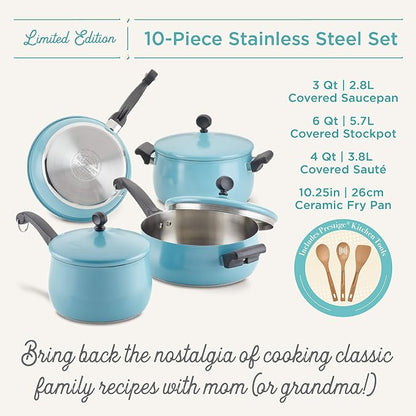 Farberware 120 Limited Edition Stainless Steel Cookware Pots and Pans Set with Prestige Kitchen Tools, 10 Piece, Aqua Blue