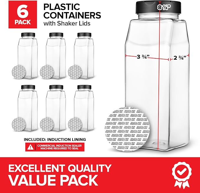 6 Pack 32 oz Plastic Spice Jars, Empty Seasoning Containers for Homemade Rub, Spices, Glitter, and More, Small Spice Containers with Black Shaker Lids and Heat-Induction Liner, Clear Spice Jars