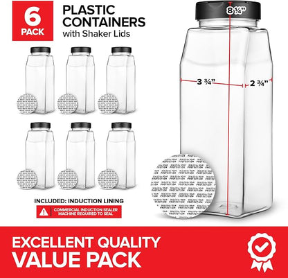 6 Pack 32 oz Plastic Spice Jars, Empty Seasoning Containers for Homemade Rub, Spices, Glitter, and More, Small Spice Containers with Black Shaker Lids and Heat-Induction Liner, Clear Spice Jars
