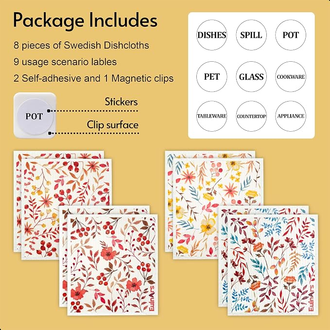 Eulnars Swedish Dishcloths for Kitchen, 8 Pack Watercolor Reusable Paper Towels with Clips, Non-Scratch Swedish Kitchen Towels, Super Absorbent Cellulose Sponge Cloths, Dishwasher Safe, No Odor