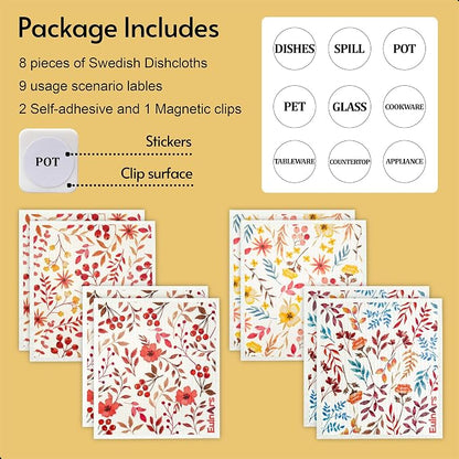 Eulnars Swedish Dishcloths for Kitchen, 8 Pack Watercolor Reusable Paper Towels with Clips, Non-Scratch Swedish Kitchen Towels, Super Absorbent Cellulose Sponge Cloths, Dishwasher Safe, No Odor