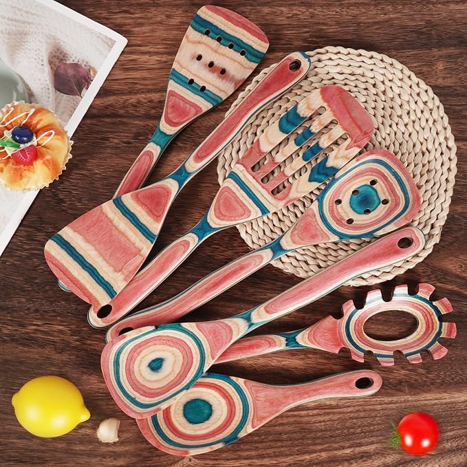 Wooden Spoons for Cooking – 7 Piece Pakkawood Kitchen Utensils Set with Spatulas, Spoons, Ladles, and Turner for Mixing, Serving & Cooking