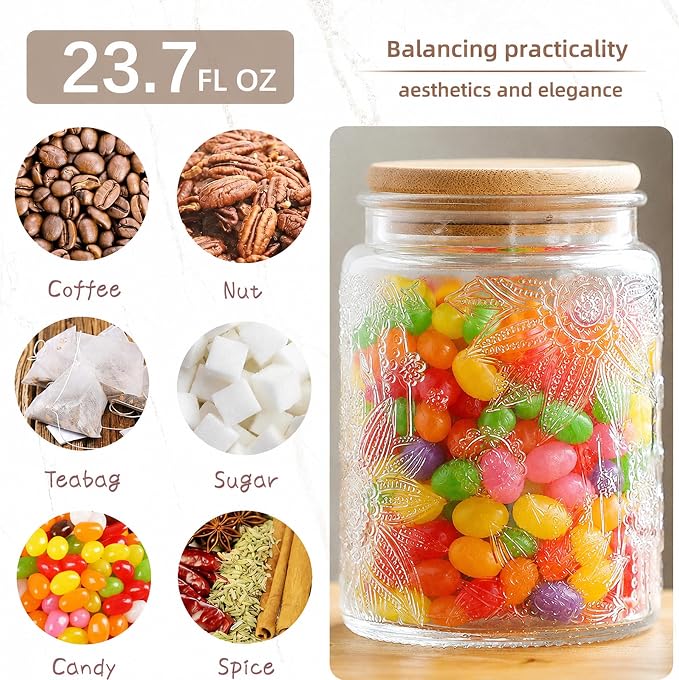 Custde 23.7 fl oz Vintage Glass Jar with Bamboo Lid - Airtight Decorative Food Storage Canisters for Kitchen Counter, Ideal for Candy, Sugar, Coffee, Tea, Cute jar(Sunflower*1)