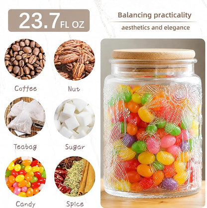 Custde 23.7 fl oz Vintage Glass Jar with Bamboo Lid - Airtight Decorative Food Storage Canisters for Kitchen Counter, Ideal for Candy, Sugar, Coffee, Tea, Cute jar(Sunflower*1)