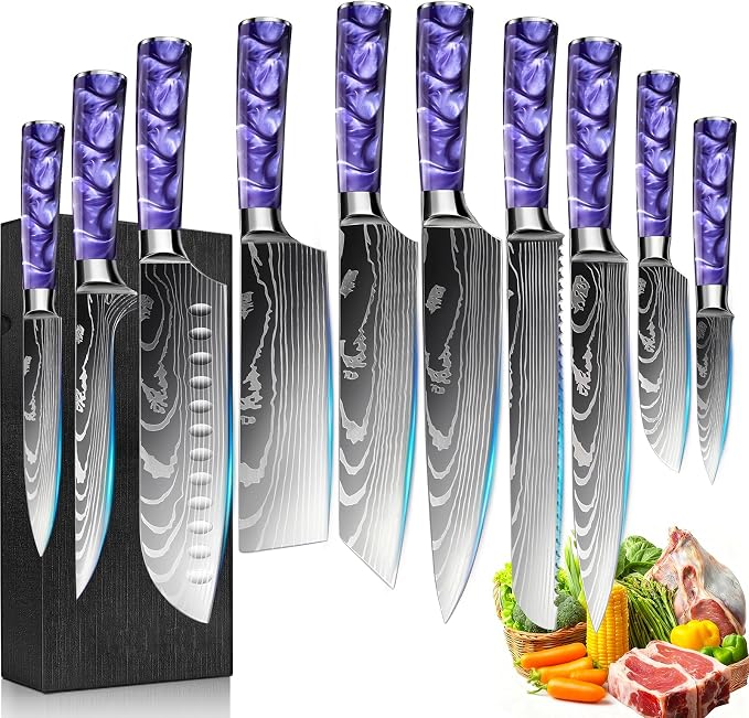 10-Piece Premium Japanese Kitchen Knife Set - Star Collection, Laser Damascus Pattern, 440A Stainless Steel Ultra Sharp for Fast Cutting (Purple)