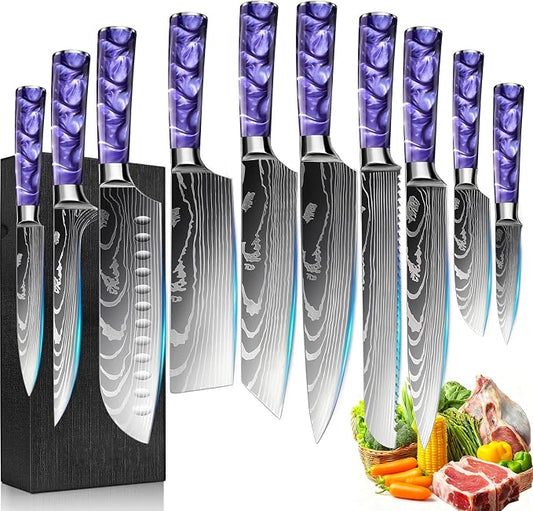 10-Piece Premium Japanese Kitchen Knife Set - Star Collection, Laser Damascus Pattern, 440A Stainless Steel Ultra Sharp for Fast Cutting (Purple)
