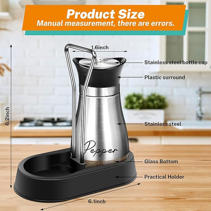 Salt and Pepper Shakers Set with Holder,4 oz Stainless Steel Salt Shaker with Glass Bottom Kitchen Gadgets for Counter Modern Decor Table,RV,Camp,BBQ Refillable Design (Silver)
