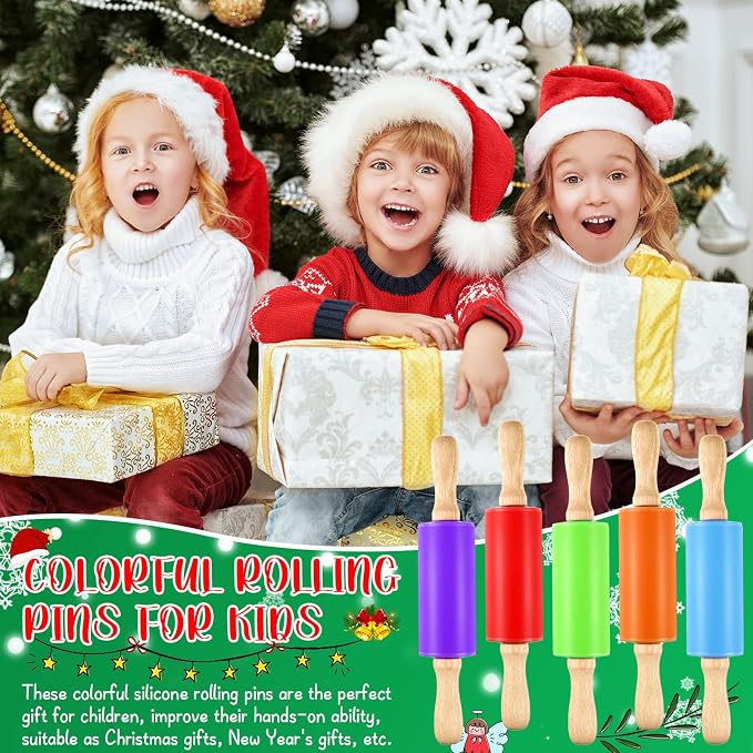 Thenshop 10 Pcs 9 Inch Mini Silicone Rolling Pins Kids with Wooden Handle, 5 Colors Non-stick Small Dough Roller for Kids, Home Kitchen Baking Supplies for Cookie Pastry Fondant Cake
