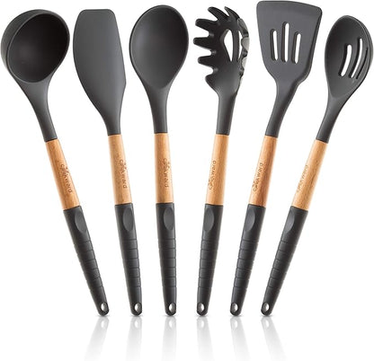 Silicone Cooking Utensils Set 6 Piece – Heat Resistant up to 480°F, BPA Free & Non-Scratch Kitchen Tools with Natural Wood Handles, Dark Gray
