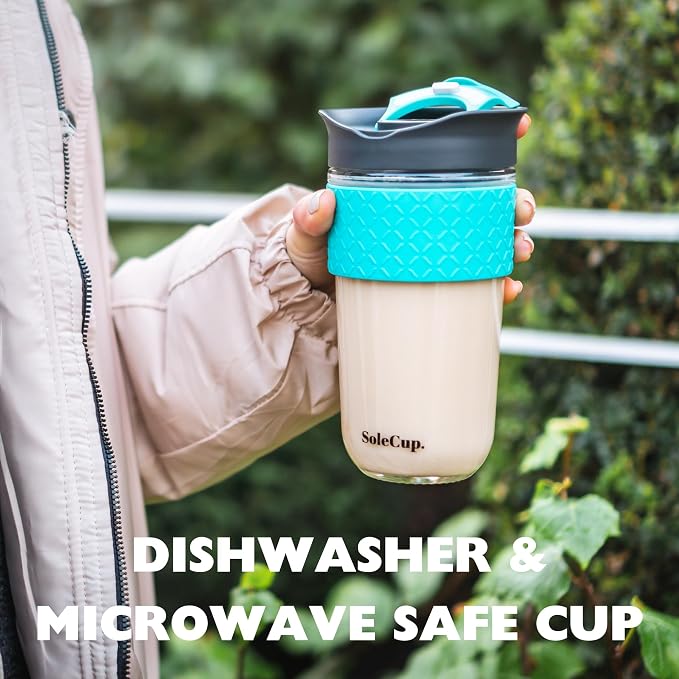 Large Travel Mug - Reusable Glass Coffee Mug - 18oz/530ml BPA-Free Hot Drink Travel Mug with Lid & Silicone Band (Pink, 18oz)