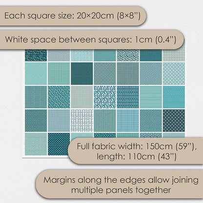 Cotton Satin Patchwork Fabric Panel – 35 Designs, 20×20 cm Squares, Single Piece 150×110 cm, Green Patchwork Quilt Fabric (Turquoise Waves Patchwork Set, 35pcs 8x8 inch)