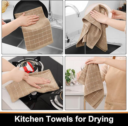 Mordimy 100% Cotton Terry Cloth Kitchen Towels, Super Soft and Absorbent Dish Towels for Drying, Checkered Designed Hand Towels for Kitchen, 13 x 28 Inches, 4 Pack, Tan