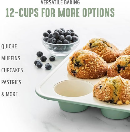 GreenLife 12-Cup Muffin Pan, PFAS-Free Healthy Nonstick Baking Tray, 11.4" x 1.9" x 15.9", Durable Ceramic Bakeware, Cupcakes, Egg Bites, Tarts, Brownies, Sage