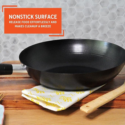 IMUSA Carbon Steel Nonstick Wok 9.5 in Flat Bottom Wok Pan for Electric Stove with Cool Touch Handle, Black Coating, Lightweight Steel Wok for Stir Fry and Fried Rice