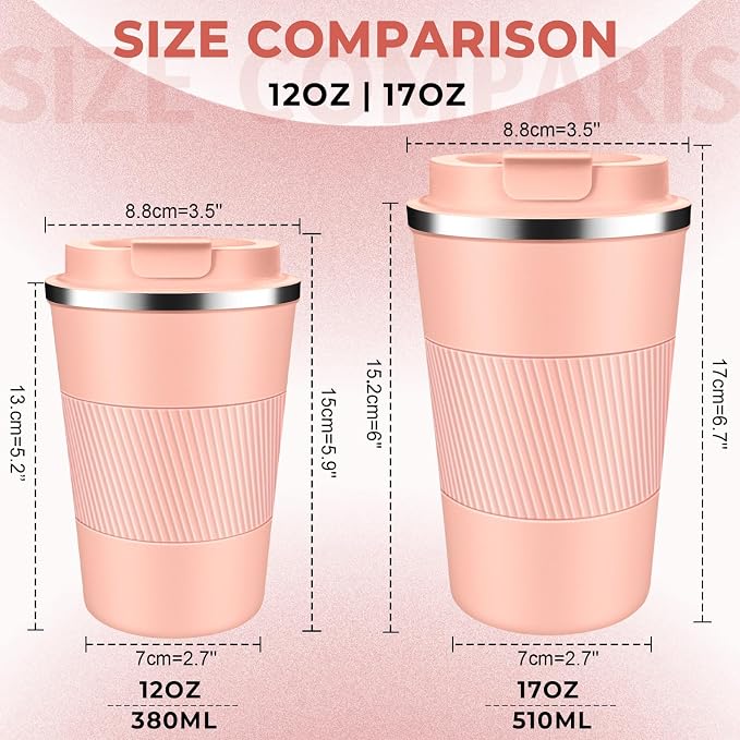 Insulated Coffee Tumbler 12 oz, Stainless Steel Coffee Mug with Lids, Travel Coffee Mug Leak Proof, Double Wall Vacuum Insulated Reusable Coffee Cup, Keep Drinks Hot and Cold (Peach Pink, 12 Ounces)