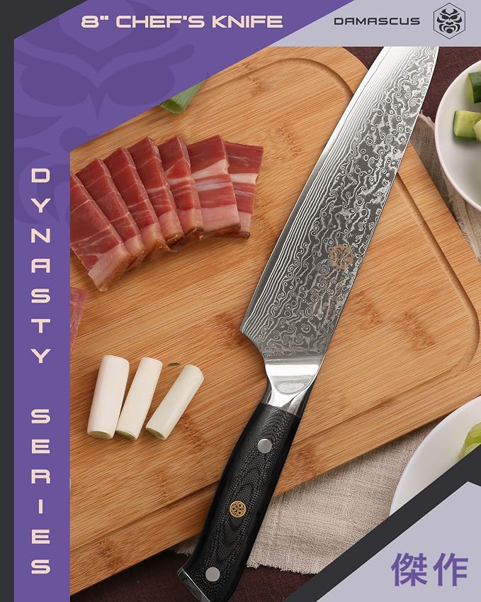 KESSAKU Chef Knife - 8 inch - Damascus Dynasty Series - Razor Sharp Kitchen Knife - Forged 67-Layer Japanese AUS-10V High Carbon Stainless Steel - G10 Garolite Handle with Blade Guard