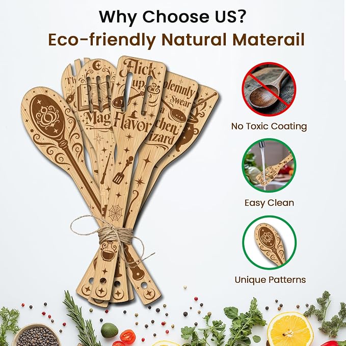 CUTHOLLOW 6PCS Magic Element Wooden Kitchen Cooking Utensil Set, 11.9in Non Toxic Bamboo Wood Spoon Set for Cooking, Best Housewarming Birthday Thanksgiving Christmas Gift for Women Mother