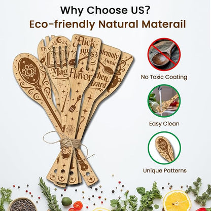 CUTHOLLOW 6PCS Magic Element Wooden Kitchen Cooking Utensil Set, 11.9in Non Toxic Bamboo Wood Spoon Set for Cooking, Best Housewarming Birthday Thanksgiving Christmas Gift for Women Mother
