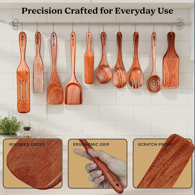 10Pcs Wooden Kitchen Utensil Set, Premium Natural Acacia Wood Cooking Utensils for Nonstick Cookware, Spoon Spatula Turner Ladle Skimmer Serving Tools