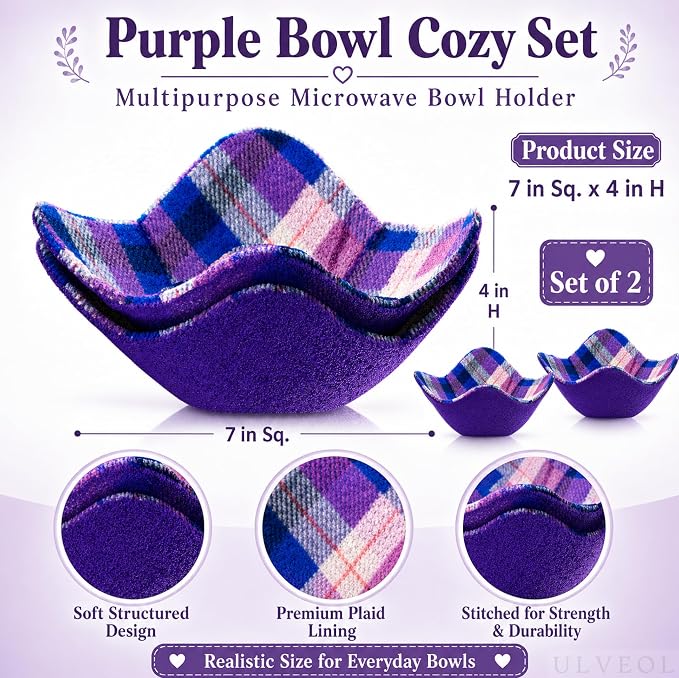 Set of 2 Purple with White Microwave Bowl Cloth Hot Pads - Multipurpose Heat Resistant Plate Holders - Hot Pads for Bouillon Cups - Pot Holder Microwavable Bowl Cozies for Food