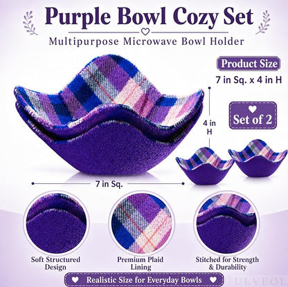 Set of 2 Purple with White Microwave Bowl Cloth Hot Pads - Multipurpose Heat Resistant Plate Holders - Hot Pads for Bouillon Cups - Pot Holder Microwavable Bowl Cozies for Food