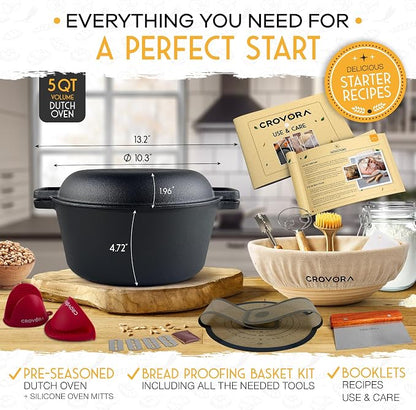 Crovora Pre-Seasoned Cast Iron Dutch Oven for Bread Baking with Skillet Lid - Incl. Sourdough Bread Baking Supplies like Banneton Bread Proofing Basket, 5QT Cast Iron Bread Pan, Bread Oven