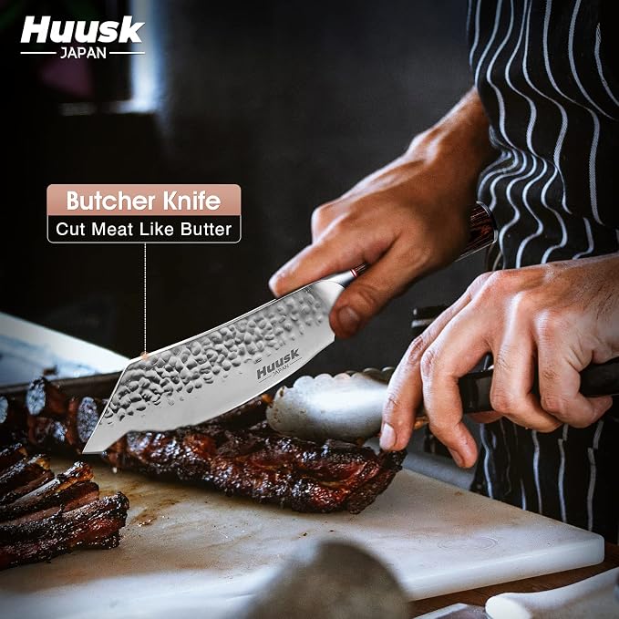 Huusk Japanese Meat Cleaver Knife - 8 Inch Professional High Carbon Steel Hand Forged Butcher Cleaver for Meat & Vegetable Cutting, Sharp Kitchen Knife with Pakkawood Handle, Gift Idea for Men Women