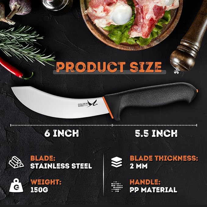 Golden Bird Professional Skinning Knife - 6 Inch Stainless Steel Meat Butcher, Multifunction Kitchen Knife, Meat Cutting Knives for Slaughter House