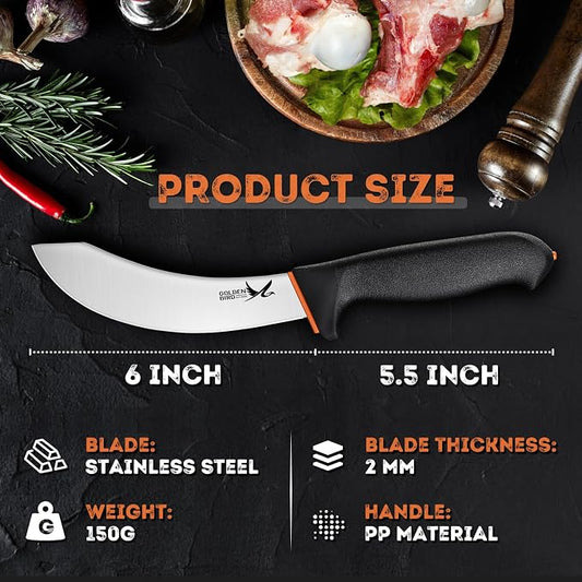 Golden Bird Professional Skinning Knife - 6 Inch Stainless Steel Meat Butcher, Multifunction Kitchen Knife, Meat Cutting Knives for Slaughter House