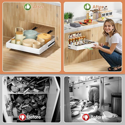 1 Pack Pull out Cabinet Organizer, Width (12"-19") Depth (17"-23"), with 3 Rails Adjustable Slide, Expandable Pullout Drawers for Cabinets, No Drill Adhesive Kitchen Drawers for Pantry Shelves