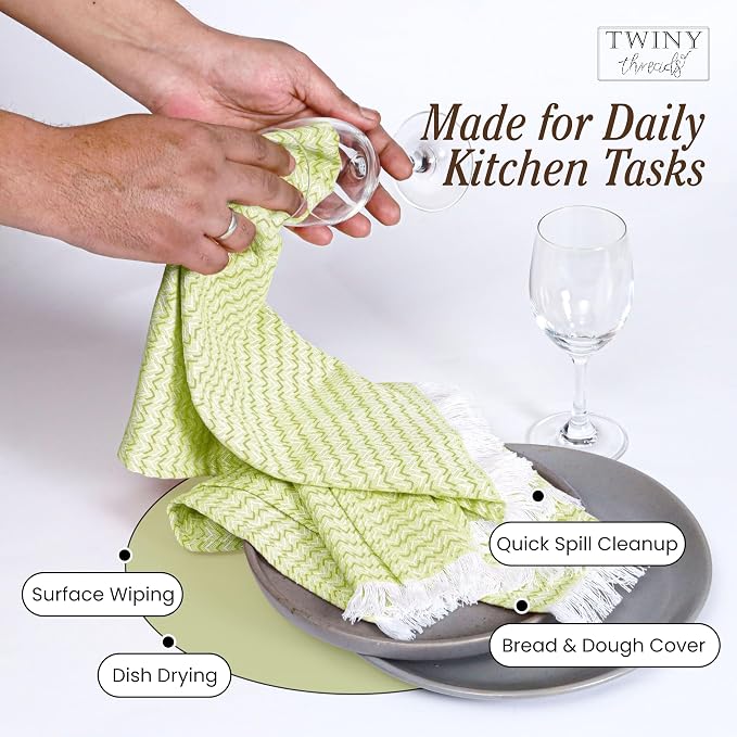 TWINY threads Kitchen Towel Chevron Weave, 12 Pack, Premium Large 100% Cotton Kitchen Linen Set, Absorbent Quick Drying Dish Rags for Drying Dishes, Multi Purpose Washable Towel, 16"x26", Lemon Green