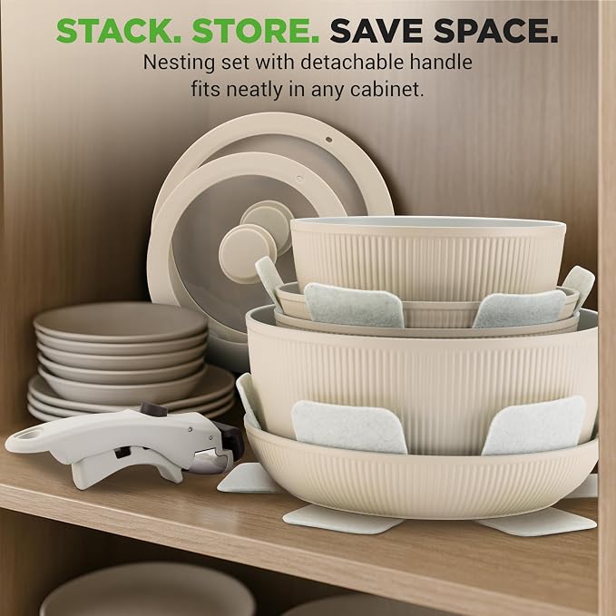 NutriChef 18-Piece Ceramic Cookware Set with Detachable Handles, Non Stick Pots and Pans, PTFE-Free Natural Ceramic Coating, Space-Saving Design, Oven & Stove Safe, Includes Utensils, Cream