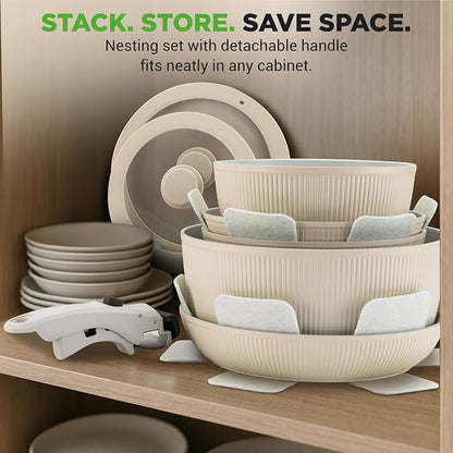 NutriChef 18-Piece Ceramic Cookware Set with Detachable Handles, Non Stick Pots and Pans, PTFE-Free Natural Ceramic Coating, Space-Saving Design, Oven & Stove Safe, Includes Utensils, Cream