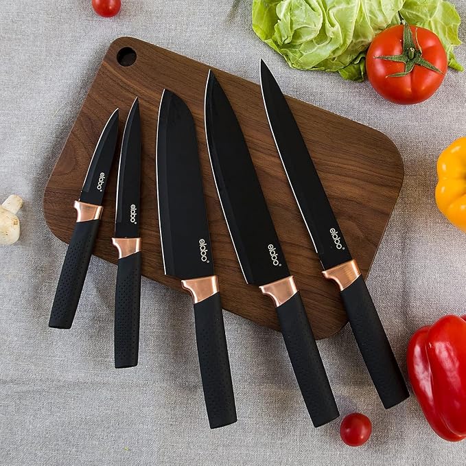 elabo 6 Piece Kitchen Knife Set – Premium Stainless Steel Knife Set with Block, Knives Set for Kitchen, Sharp Knife Block Set with Non-Stick Coating, Dishwasher Safe, Space-saving, Rose Gold