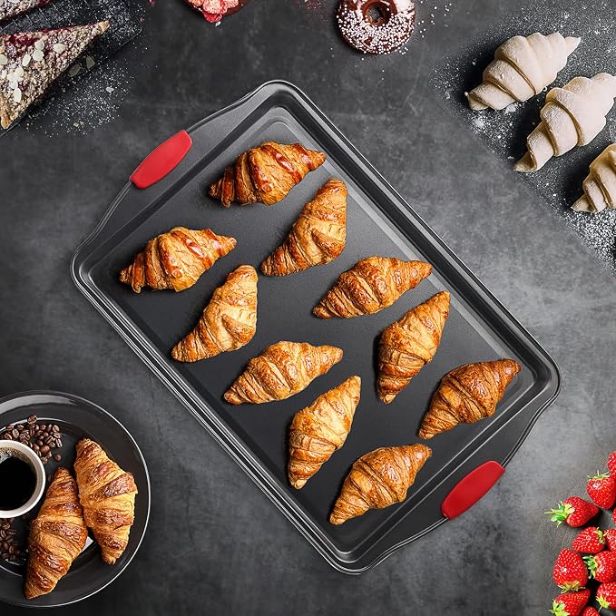 Baking Sheet, 2PC Cookie Sheet Set with Silicone Handles, Nonstick Steel Baking Pan, Baking Sheets for Oven, BPA Free Baking Pans Set, Cookie Sheets– Black Bakeware, Small & Medium