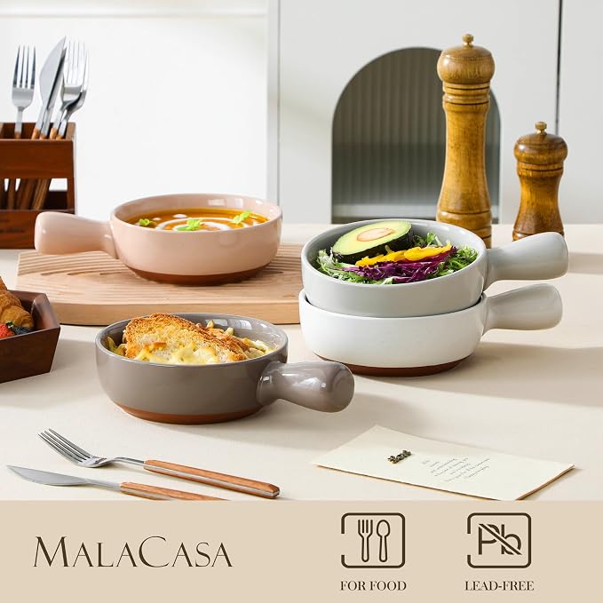 MALACASA 23 Oz French Onion Soup Bowls With Handles, Ceramic Soup Crocks for Cereal, Pasta, Beef Stew, Chilli,Oven Microwave Dishwasher Safe, Set of 4, Multicolor, Series TARA