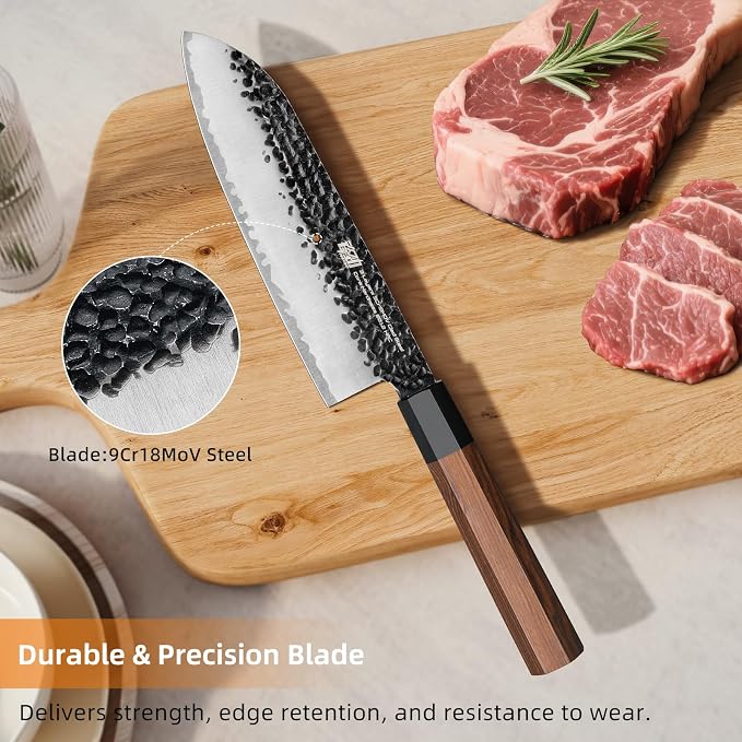 FINDKING Japanese Santoku Knife 7 Inch, Multipurpose Japanese Chef Knife with High Carbon Steel Blade, Rosewood Octagonal Handle, for Meat, Fish, Fruits and Vegetables, Dynasty Series
