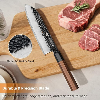 FINDKING Japanese Santoku Knife 7 Inch, Multipurpose Japanese Chef Knife with High Carbon Steel Blade, Rosewood Octagonal Handle, for Meat, Fish, Fruits and Vegetables, Dynasty Series