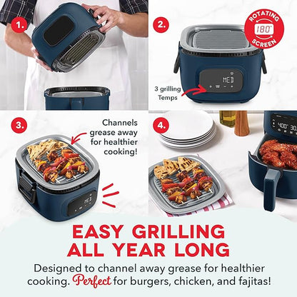 Dash Flip & Fry™ Digital 2-in-1 Grill & Air Fryer - Has AirCrisp® Technology - Digital Touchscreen, Ceramic Nonstick Grill Plate & Special Dehydrate Function - 3 Quarts - Navy