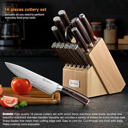 KEEMAKE 14-Piece Knife Set with Block,Ultra Sharp Knife Block Set High Carbon Stainless Steel Kitchen Knife Set Professional Chef Knife Set with Ergonomic Pakkawood Handle and Sharpener