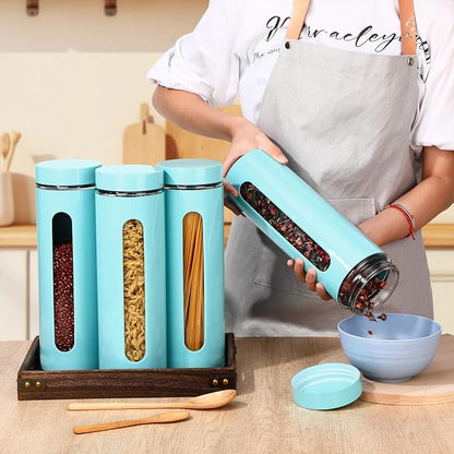 Mimorou 3 Pcs Stainless Steel Canister Set with Glass Windows Visible Storage Jars Silver Kitchen Canister Set for Pasta Flour Oat Sugar Container, Kitchen Tools, Housewarming Gifts(Turquoise,60 oz)