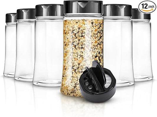 12 Pack 9.5 oz Plastic Spice Jars, Empty Seasoning Containers for Homemade Rub, Spices, Glitter, and More, Small Spice Containers with Black Shaker Lids and Heat-Induction Liner, Clear Spice Jars