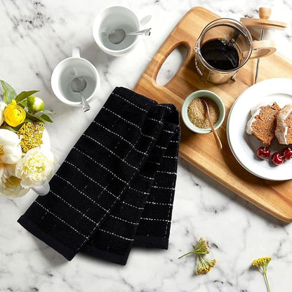 Mordimy 100% Cotton Terry Cloth Kitchen Towels, Super Soft and Absorbent Dish Towels for Drying, Checkered Designed Hand Towels for Kitchen, 16 x 26 Inches, 8 Pack, Black