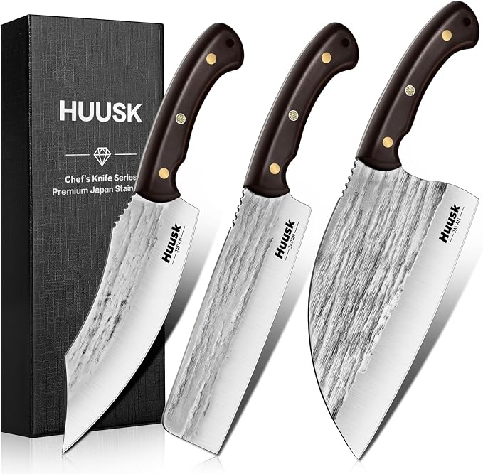 Huusk Serbian Chef Knife Set - 3PCS Hand Forged Butcher Knife Set - Meat Cleaver, Nakiri, Grill Knives with Full Tang Wooden Handle, Gifts for Men and Women