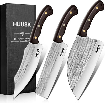 Huusk Serbian Chef Knife Set - 3PCS Hand Forged Butcher Knife Set - Meat Cleaver, Nakiri, Grill Knives with Full Tang Wooden Handle, Gifts for Men and Women