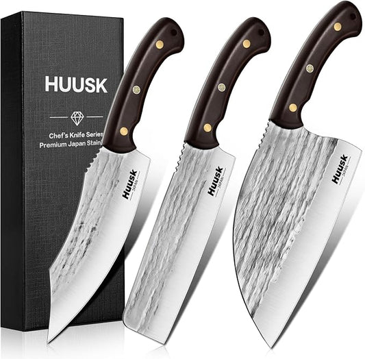 Huusk Serbian Chef Knife Set - 3PCS Hand Forged Butcher Knife Set - Meat Cleaver, Nakiri, Grill Knives with Full Tang Wooden Handle, Gifts for Men and Women