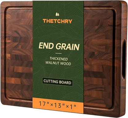 THETCHRY Walnut Cutting Boards for Kitchen, End Grain Wooden Cutting Board, Large Chopping Board Double Sided with Handle, Thick Butcher Block Charcuterie Meal Prep & Serving with Gift Box, 17"×13"×1"